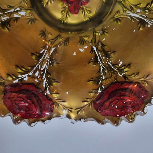 Elegant Vintage Embossed Glass Bowl With Red Roses & Scalloped Edge - Picture 9 of 11